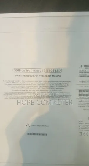 New Laptop Apple MacBook Air 2024 M3 13-Inch 16GB Apple M3 SSD 256GB