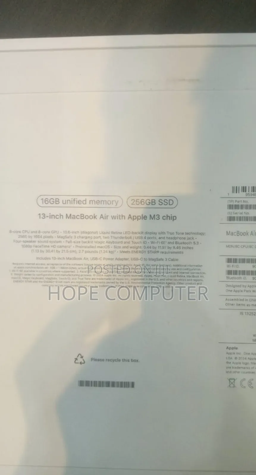 New Laptop Apple MacBook Air 2024 M3 13-Inch 16GB Apple M3 SSD 256GB