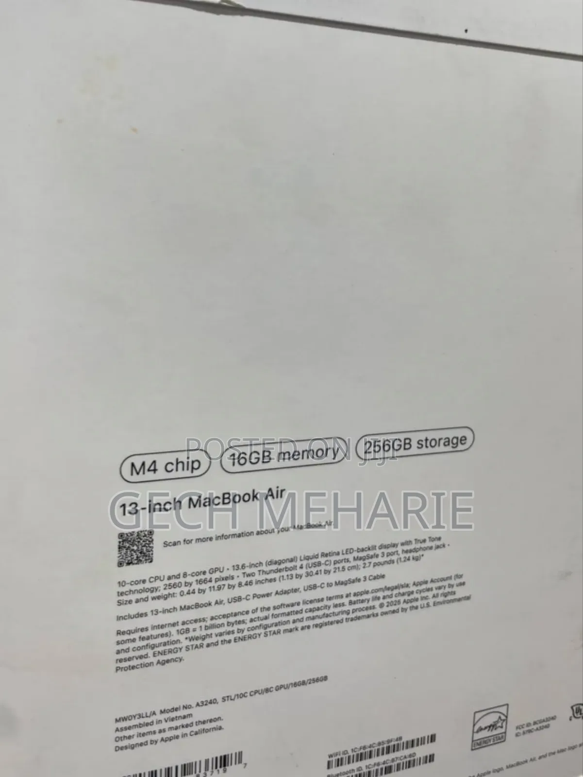 New Laptop Apple MacBook Air 2024 M3 13-Inch 16GB Apple M4 SSD 256GB