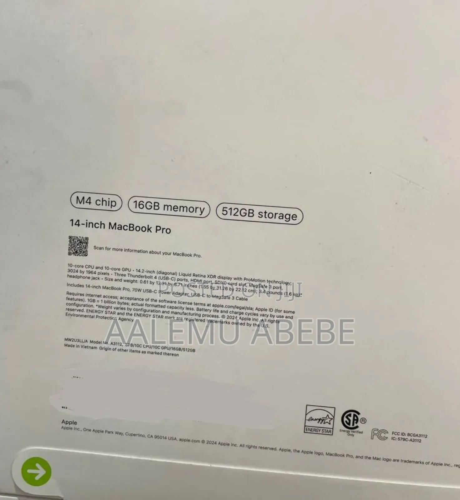 New Laptop Apple MacBook Pro 2024 M4 14-Inch 16GB Apple M4 SSD 512GB