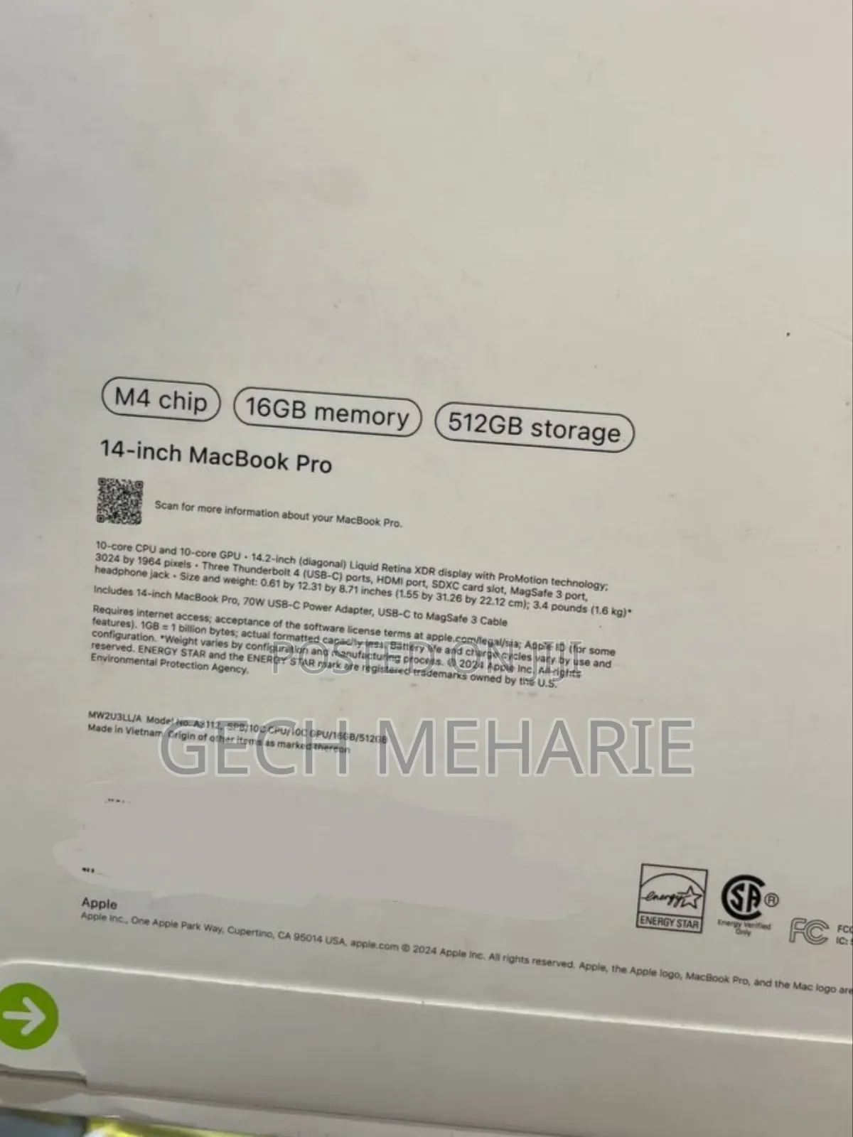 New Apple MacBook Pro 2024 M4 14-Inch 16GB Apple M4 Pro SSD 512GB