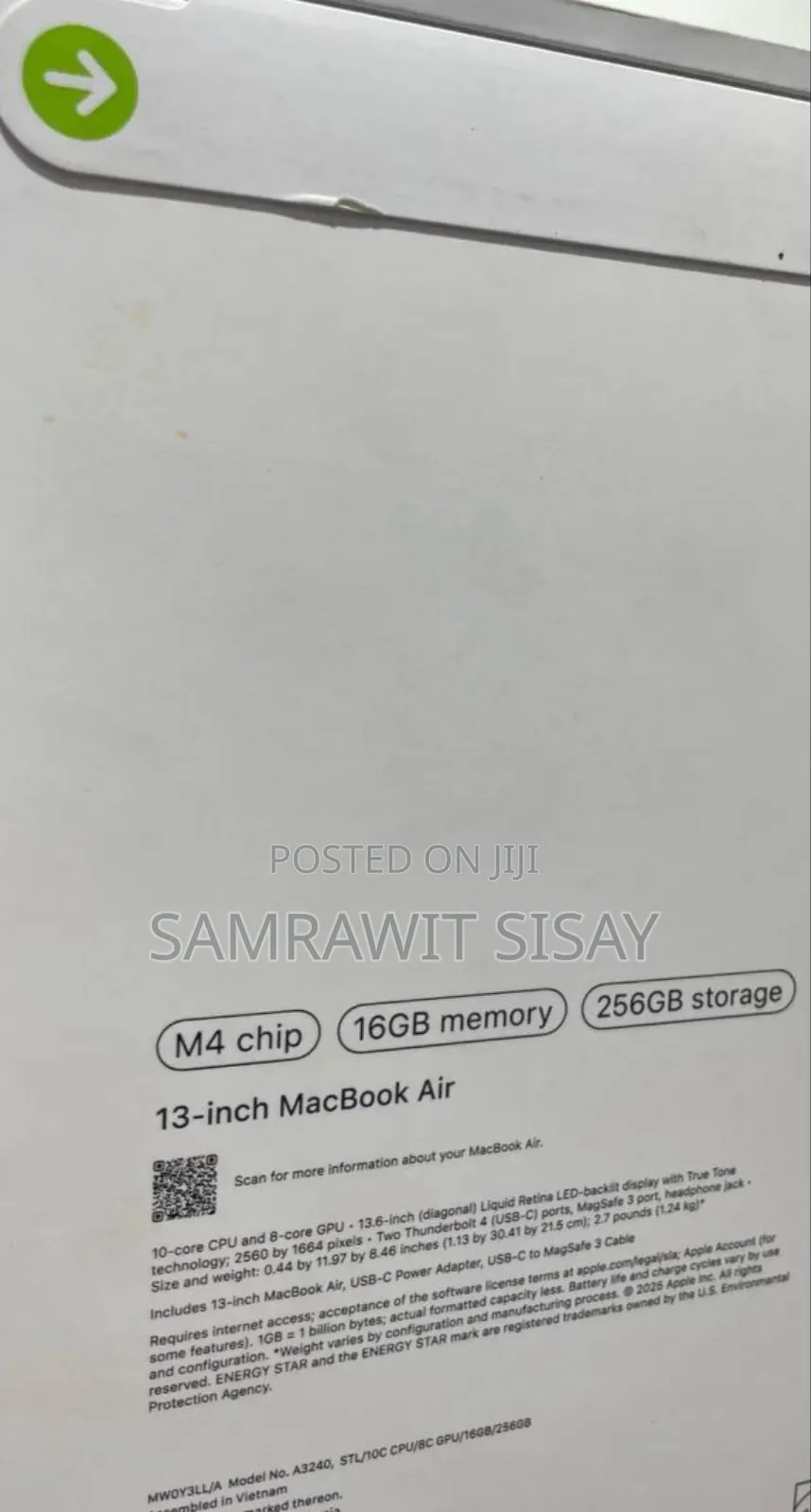 New Laptop Apple MacBook Air 16GB Apple M4 SSD 256GB