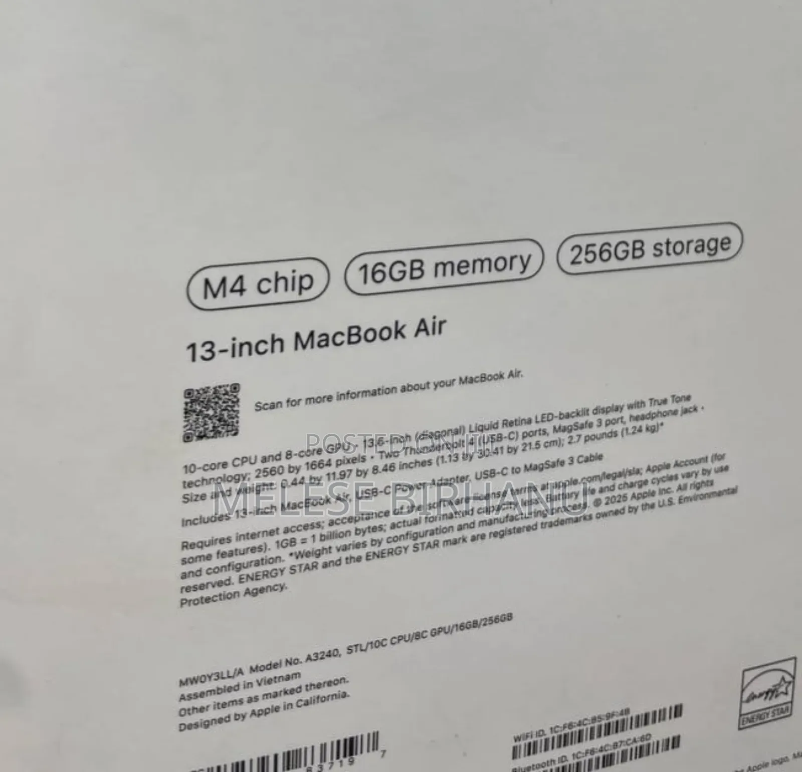 New Laptop Apple MacBook 16GB Apple M4 SSD 256GB
