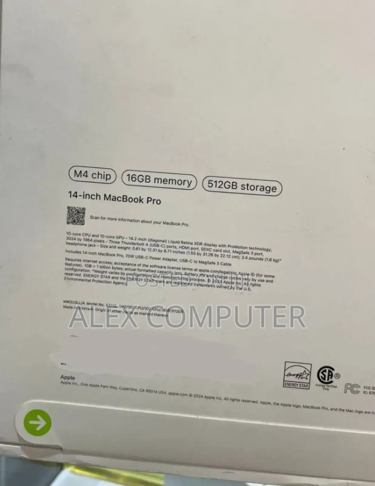 New Apple MacBook Pro 2024 M4 14-Inch 16GB Apple M4 Pro SSD 512GB