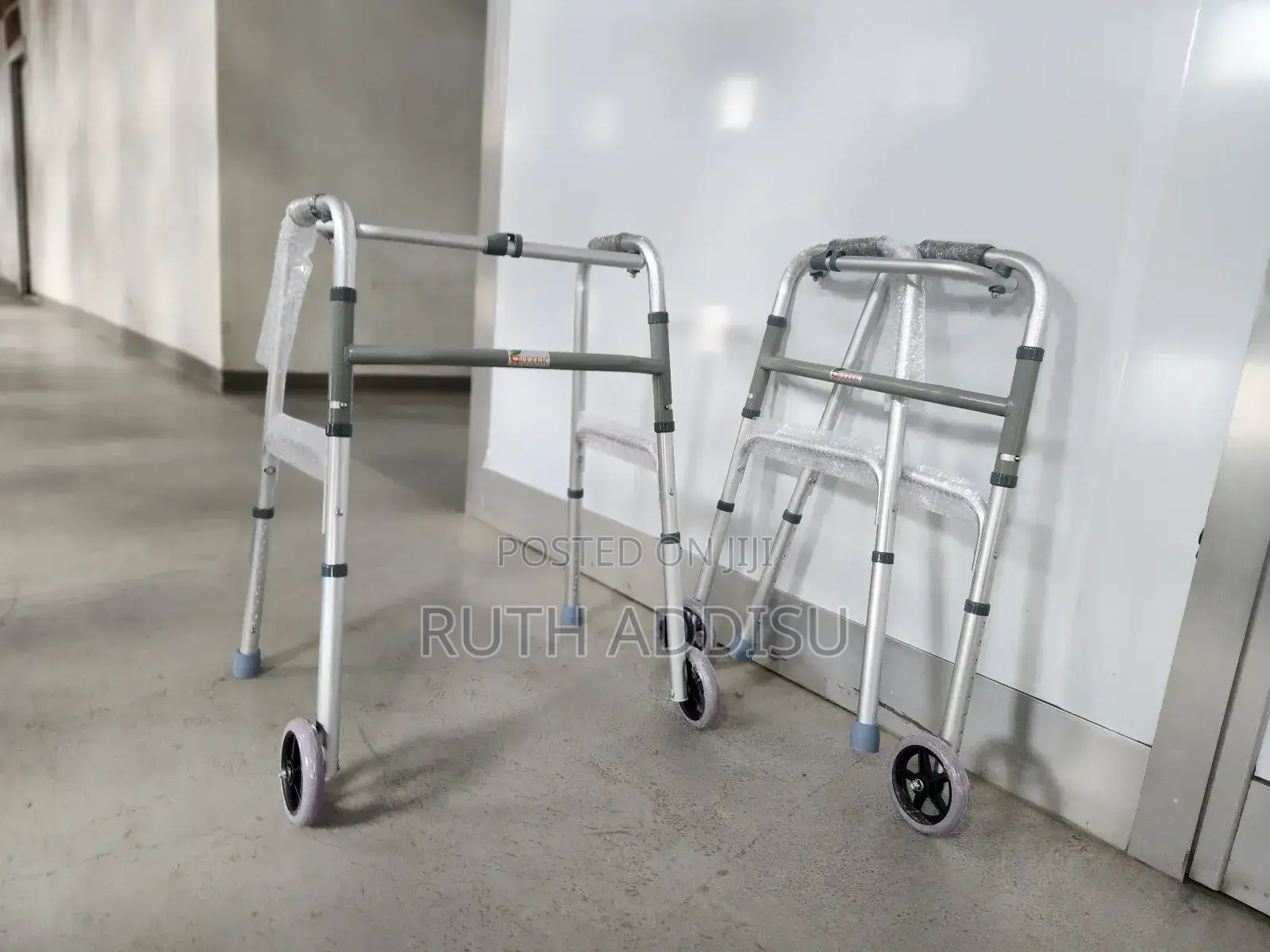 Button Folding Walker With Wheels, Rolling, Front Wheel