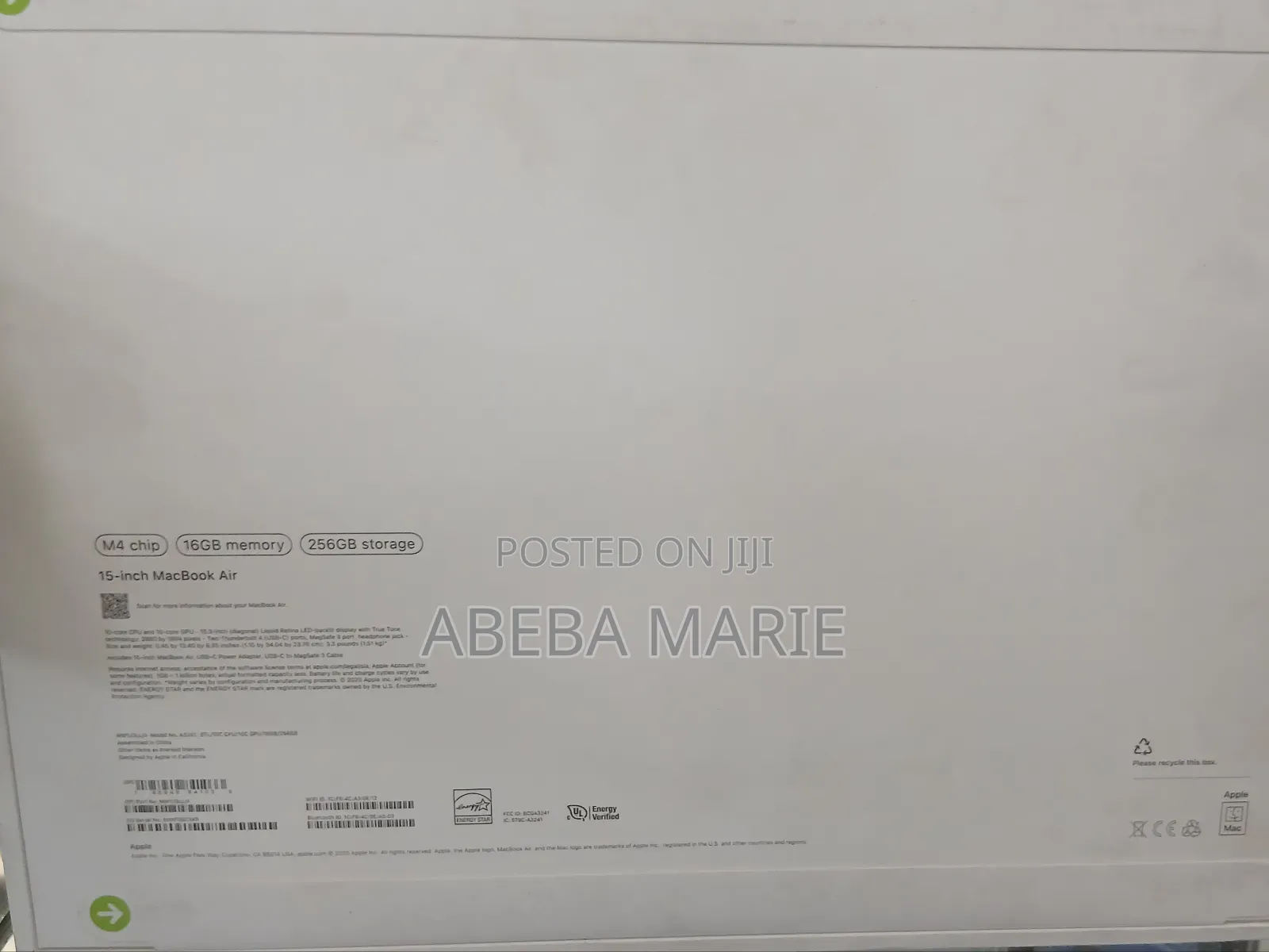 New Laptop Apple MacBook Air 2024 M3 15-Inch 16GB Apple M4 SSD 256GB