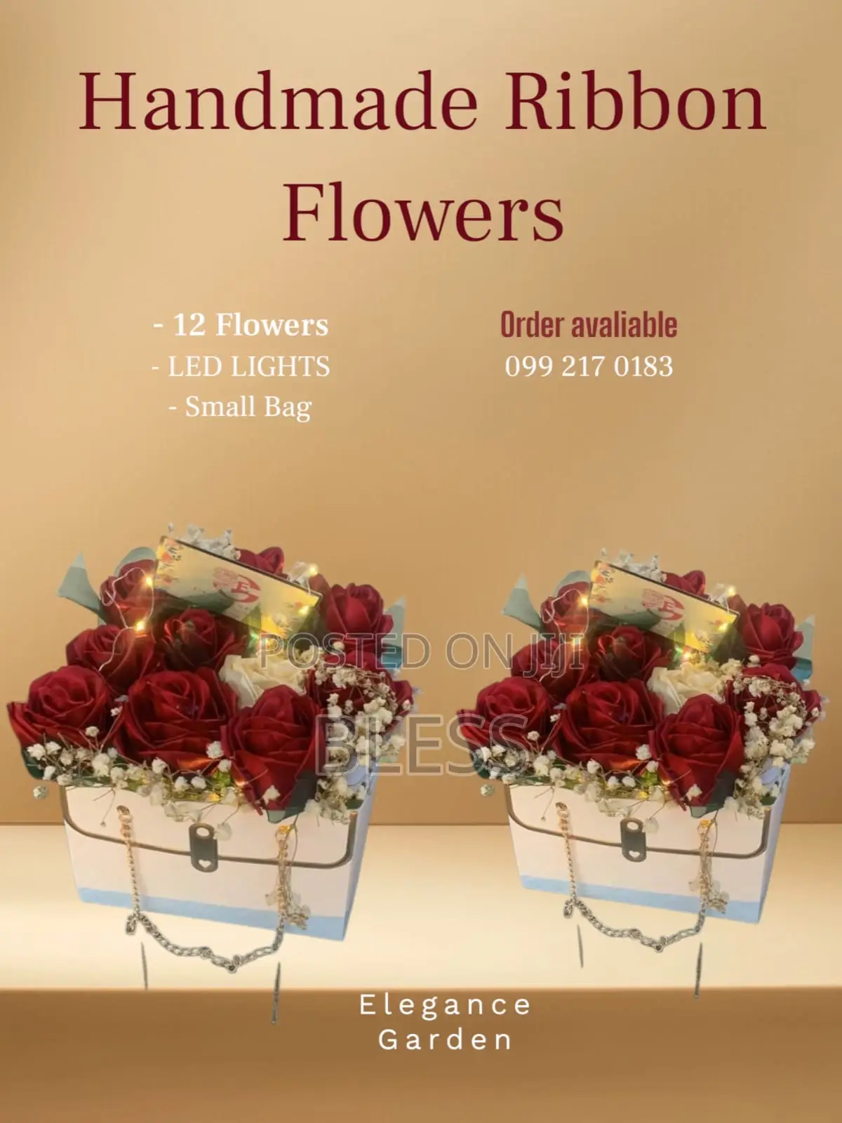 Red And White Ribbon Flowers With White Bag And Led Lights