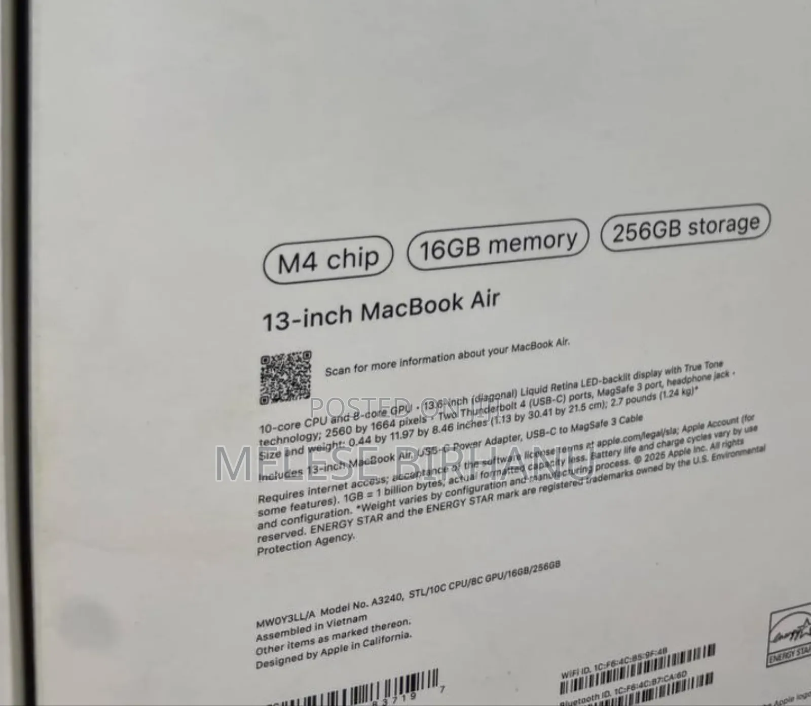 New Laptop Apple MacBook 16GB Apple M4 SSD 256GB