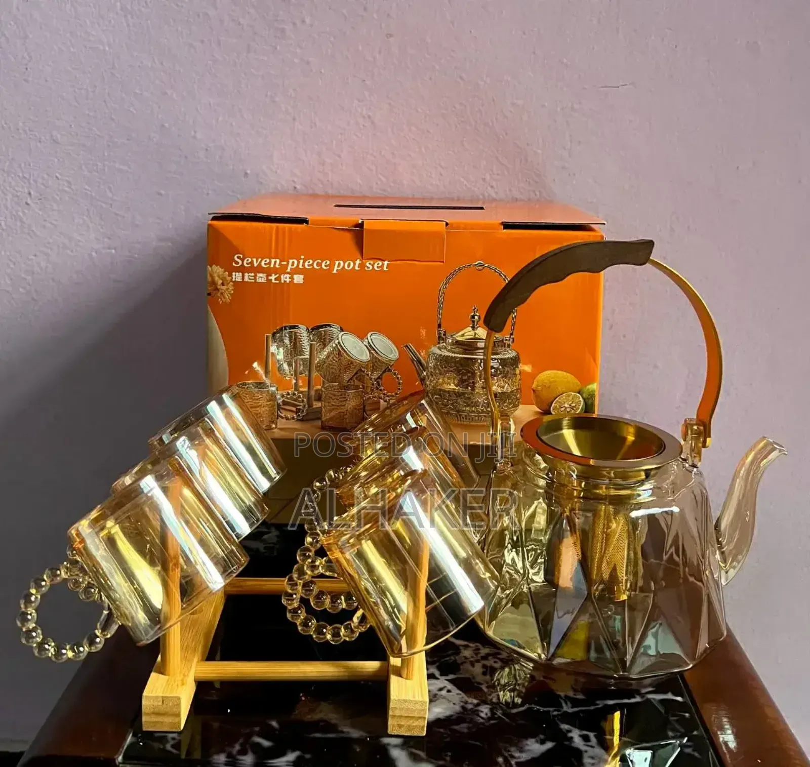 Golden Kettle With Tea Cups