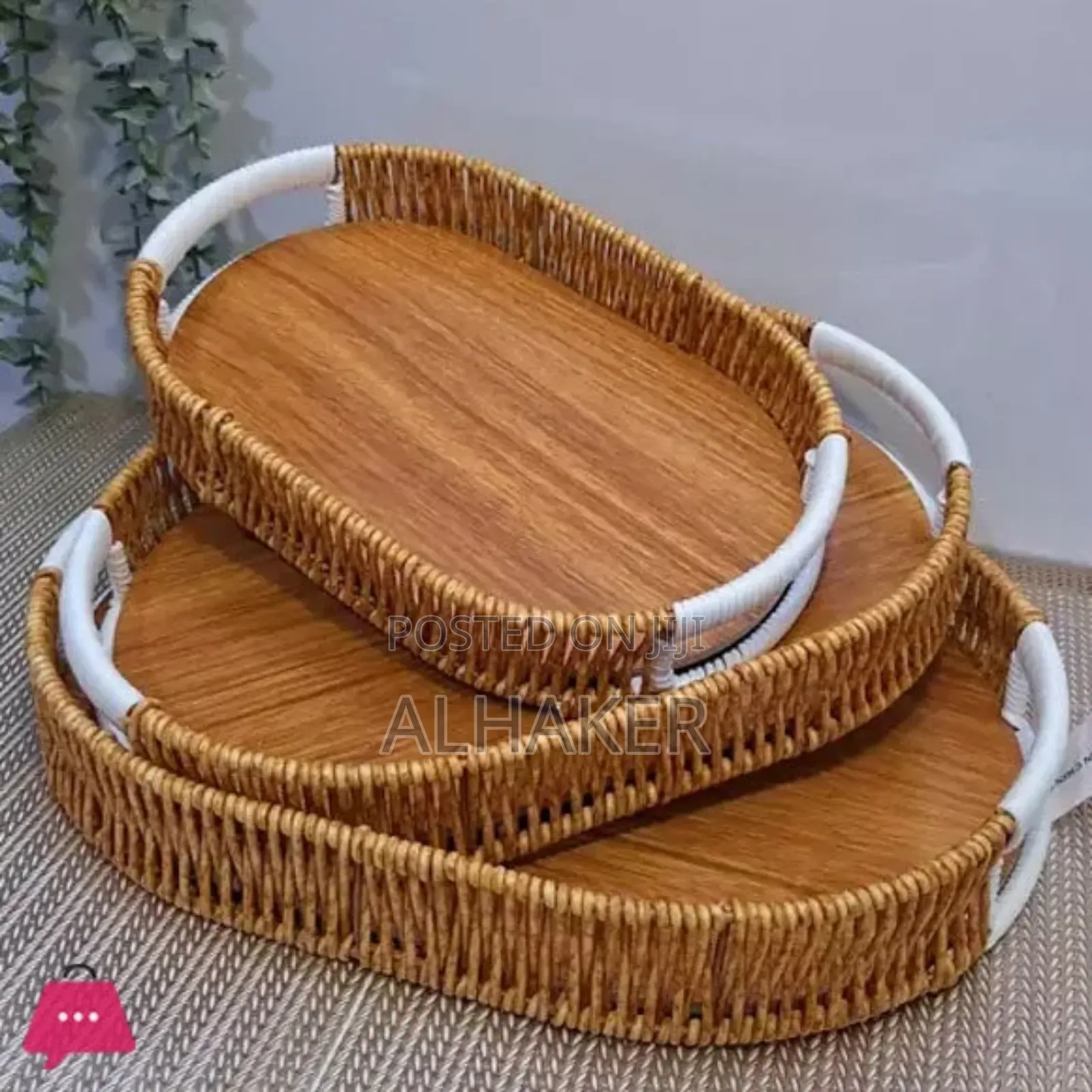 3pcs Rattan Wicker Trays With Wooden Bottoms