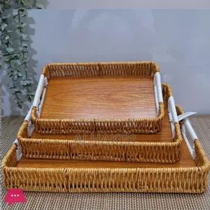 3pcs Rattan Wicker Trays With Wooden Bottoms