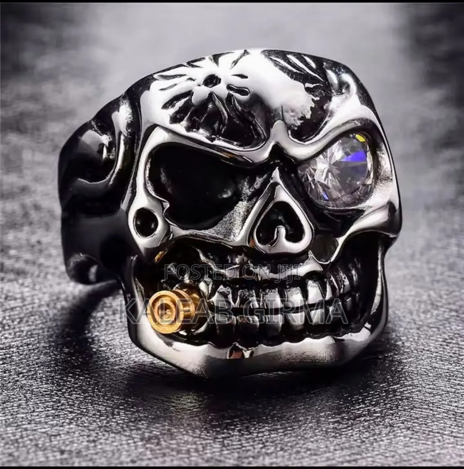 Stainless Steel Ring and Chain Smoking Skull Ring and Headset Chain