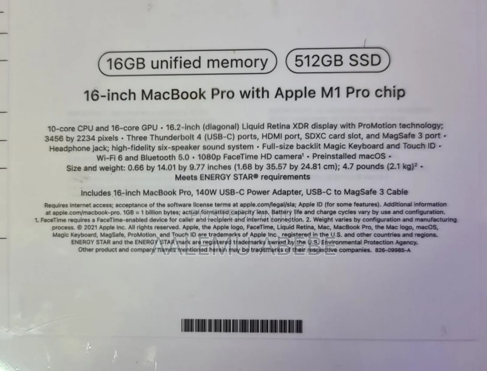 New Laptop Apple MacBook Pro M1 16GB Apple M1 Pro SSD 512GB