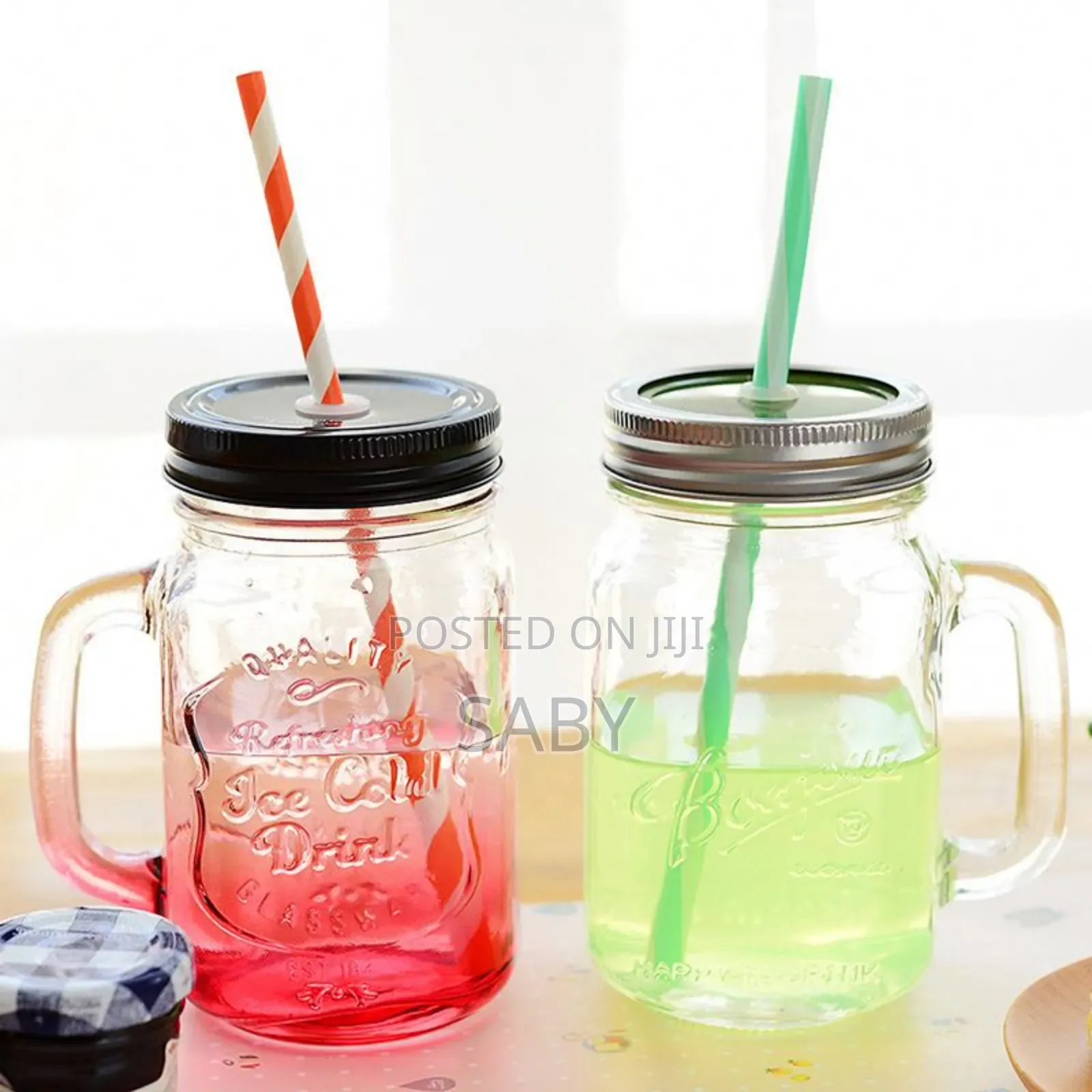 Vintage Mason Glass Drinking Jar With Straw>