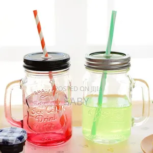 Vintage Mason Glass Drinking Jar With Straw>