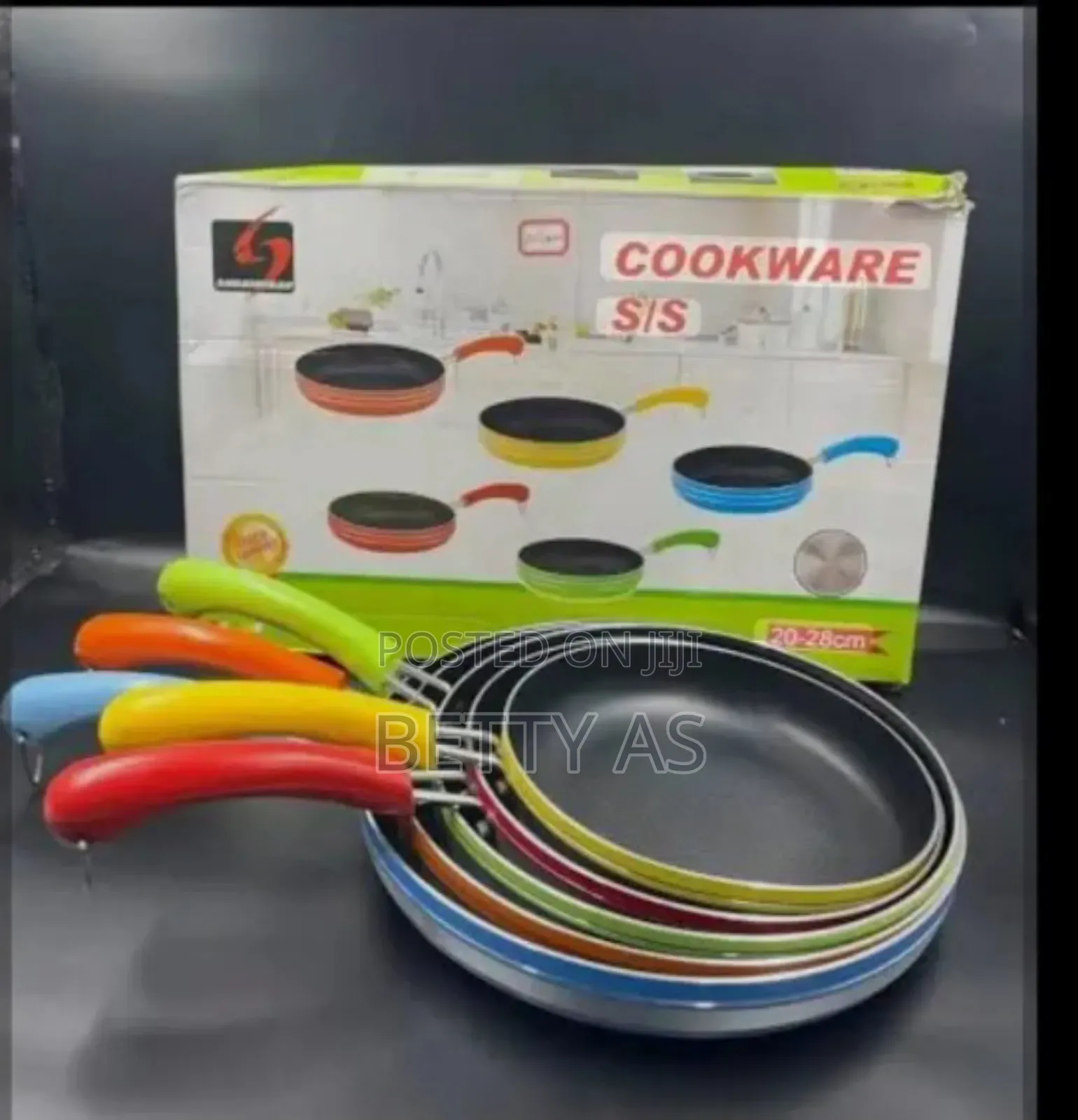 Five Nonstick Frying Pans With Colorful Handles. መጥበሻ