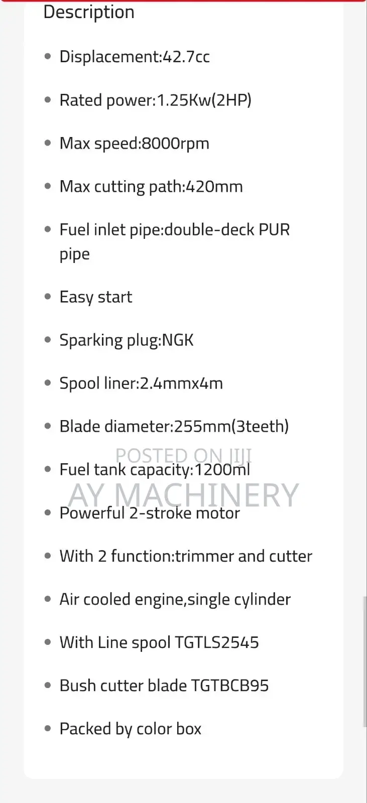 Total Gasoline Grass Trimmer Cutter 1.25kw 42.7cc ሳር ማጨጃ