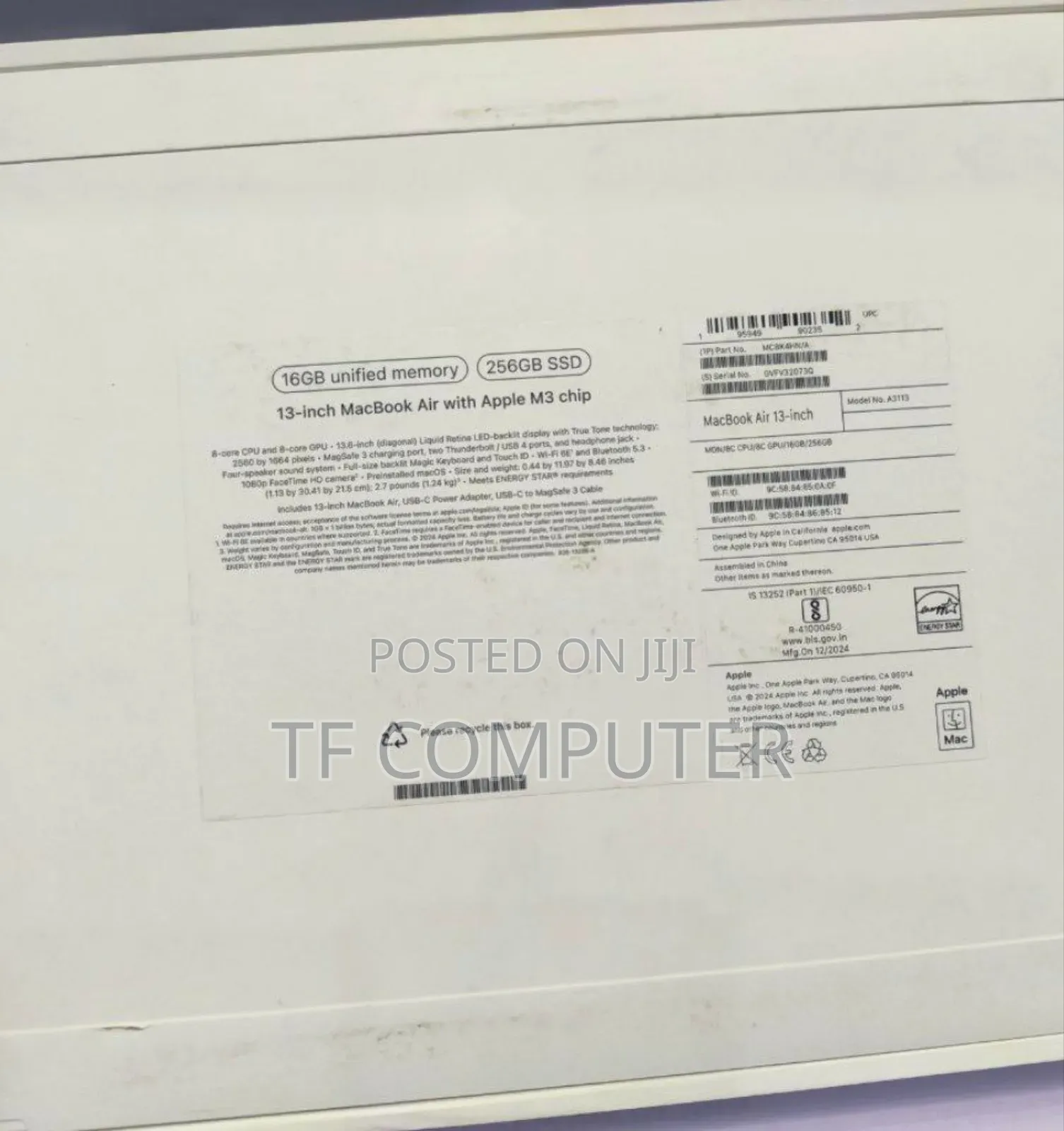 New Laptop Apple MacBook Air 2024 M3 13-Inch 16GB Apple M3 SSD 256GB
