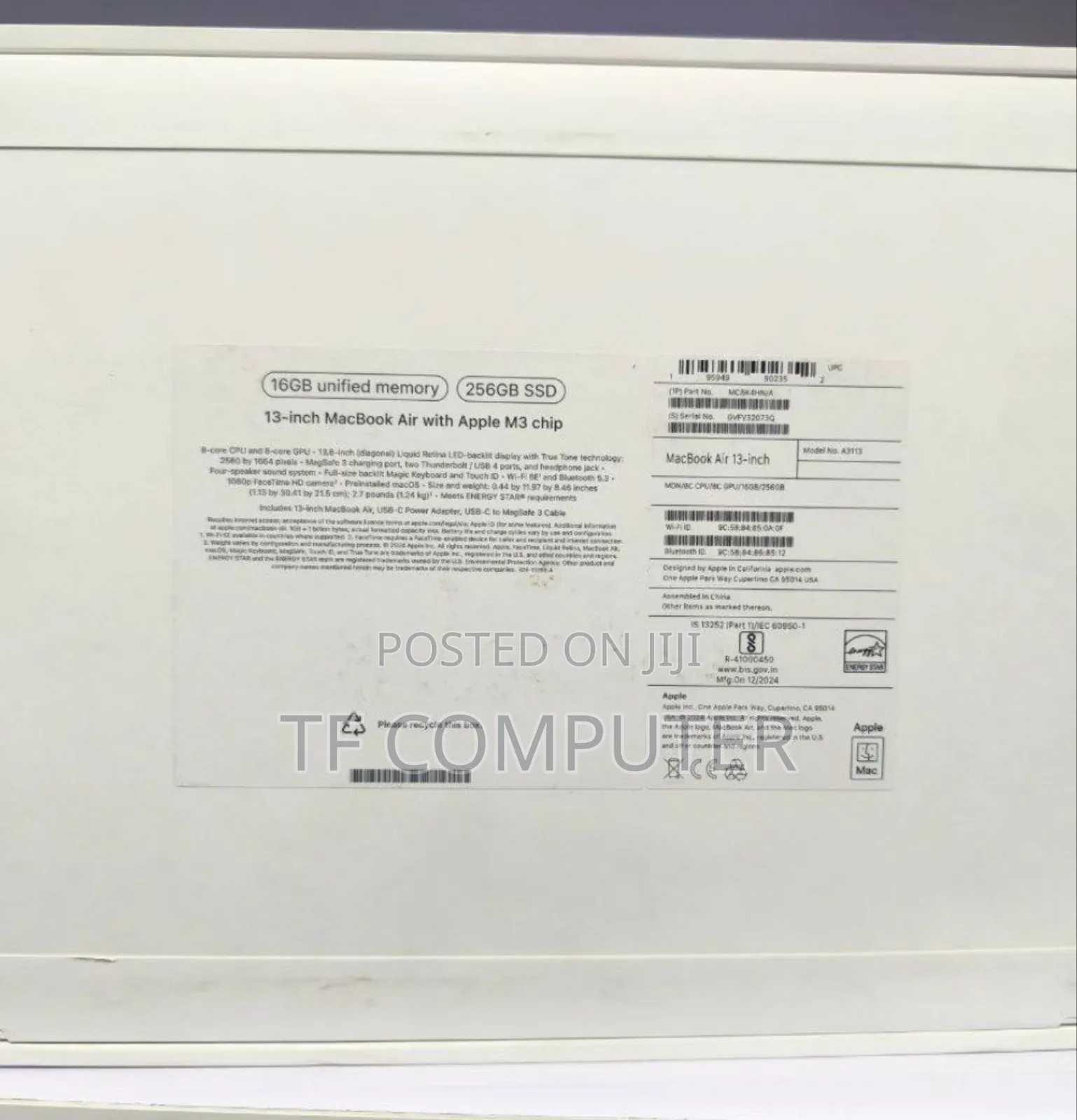 New Laptop Apple MacBook Air 2024 M3 13-Inch 16GB Apple M3 SSD 256GB