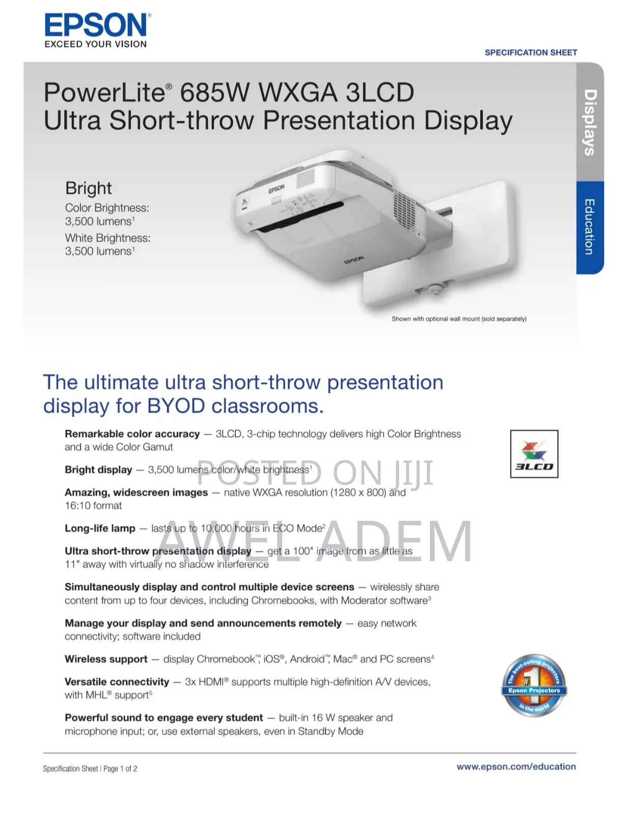 Epson Powerlite 685w Wxga 3lcd Smart Projector 3,500 Lumens