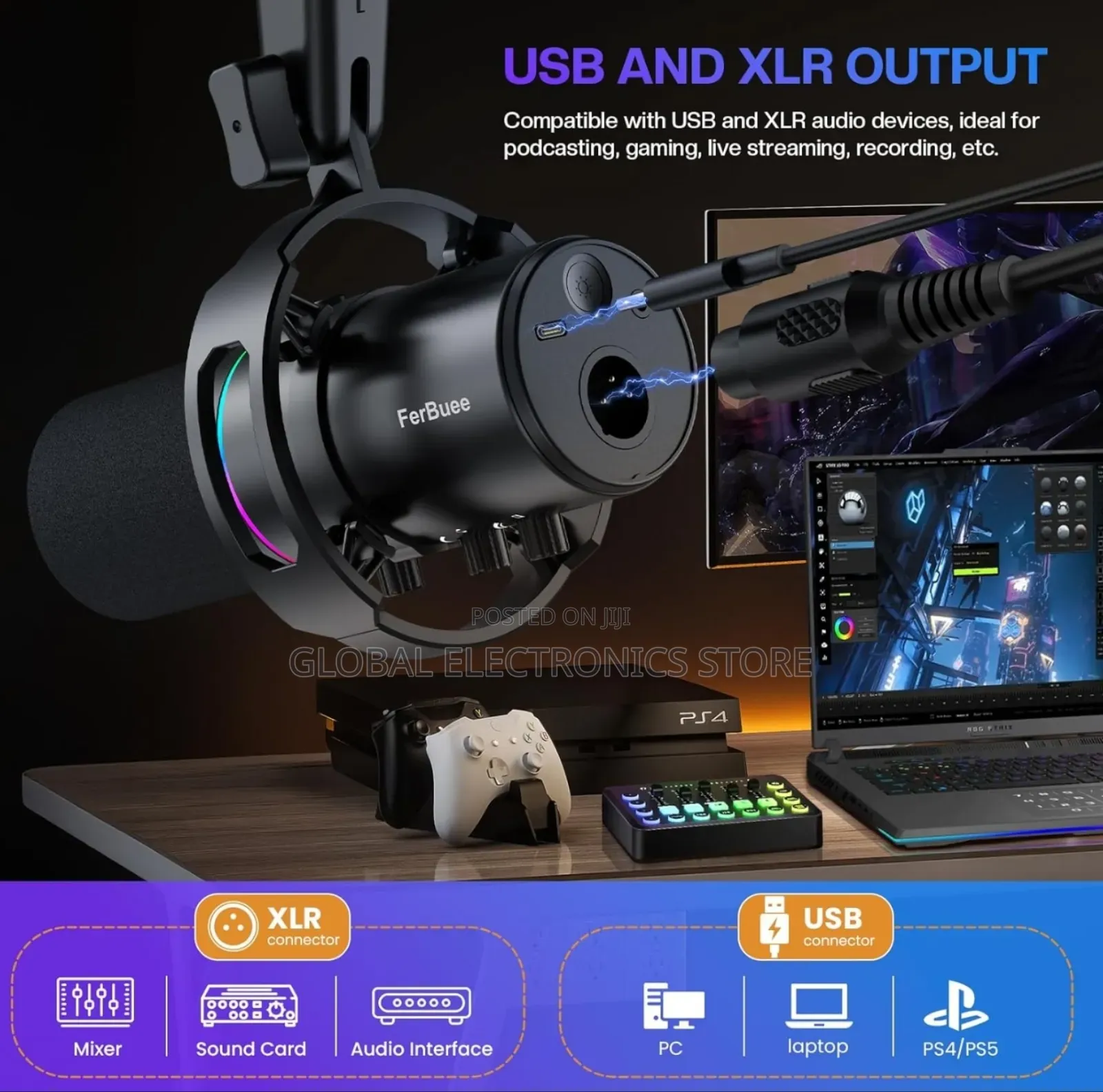 XLR Usb Dynamic Microphone With RGB Light 3.5mm Headphone