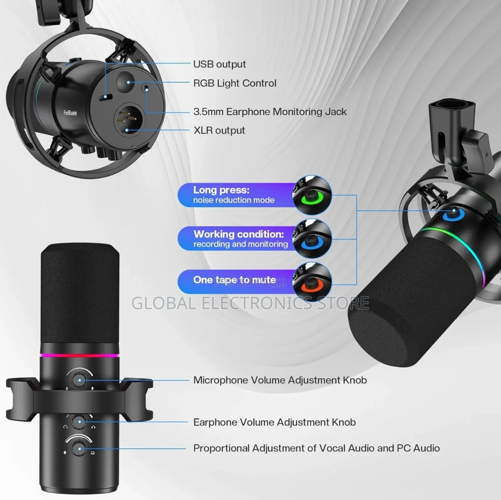 XLR Usb Dynamic Microphone With RGB Light 3.5mm Headphone