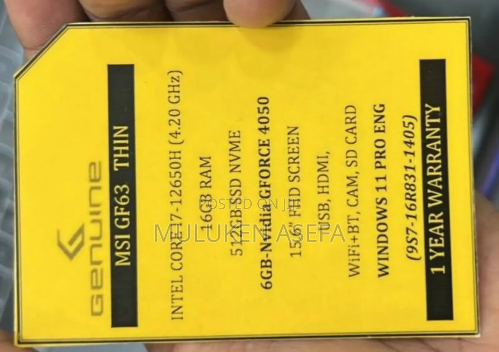 New Laptop MSI GF63 16GB Intel Core I7 SSD 1T
