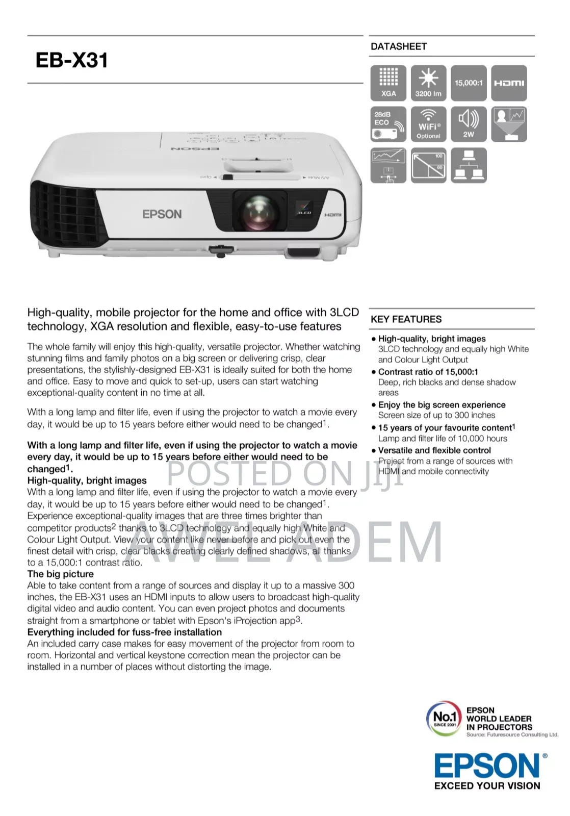 Epson Eb-X31 Hd 3lcd Projector 3,300 Lumens 10,000 Hour's