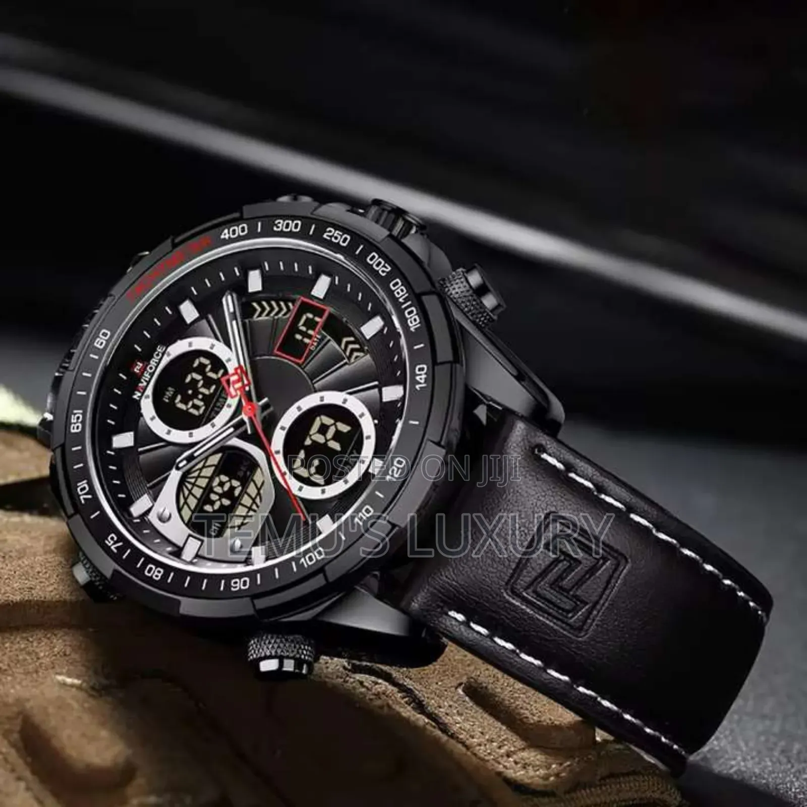 Naviforce Men Analog Digital Chronograph Leather Strap Watch
