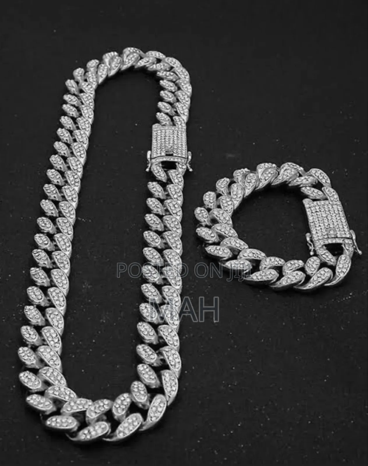 2 Sets Silver Necklace and Bracelet Iced Chain for Men