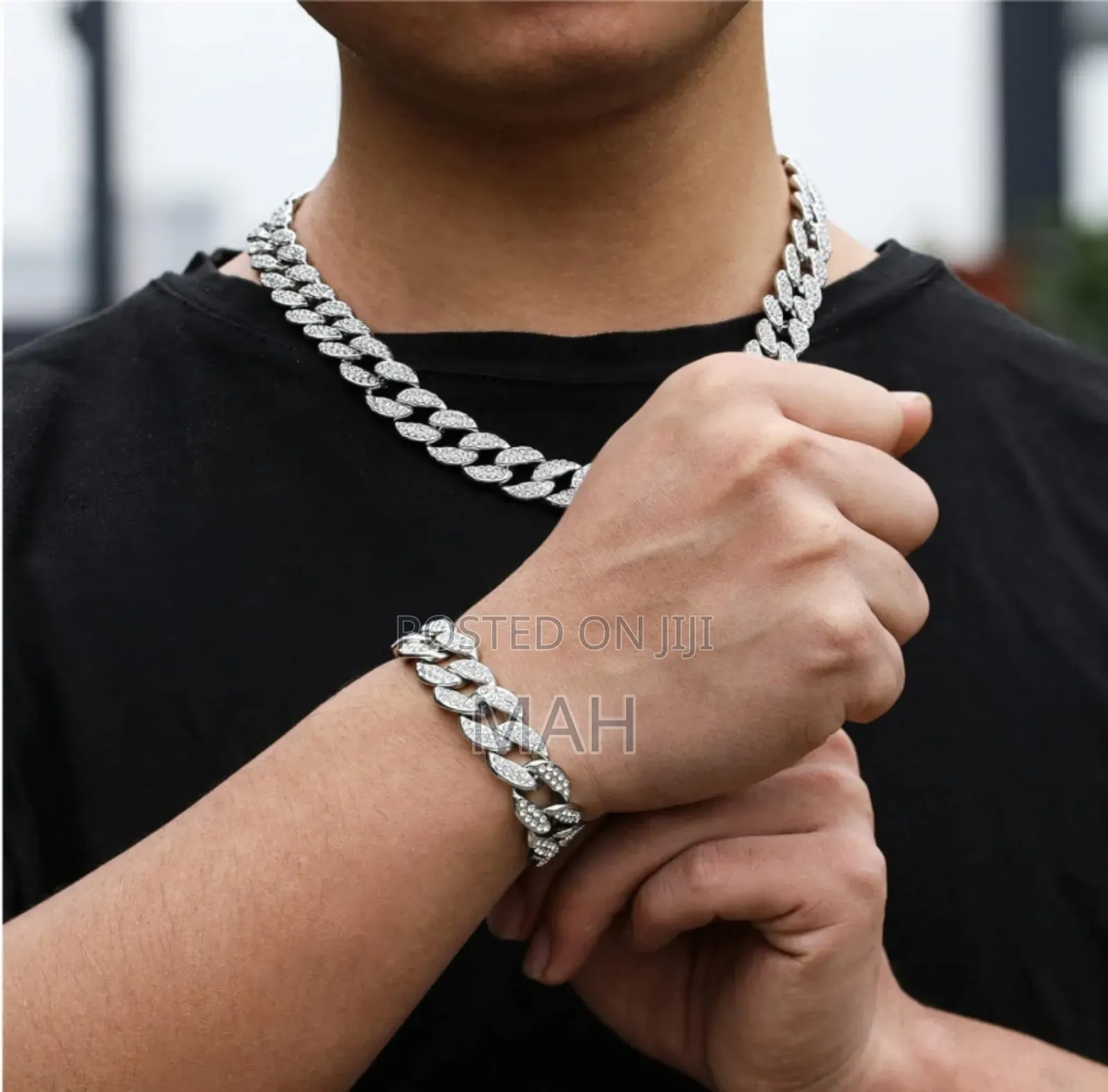 2 Sets Silver Necklace and Bracelet Iced Chain for Men