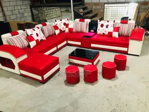 Photo - Red With White U Shaped Sofa Design With Table