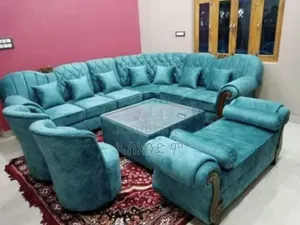 Photo - Lucknow Blue L Shaped Sofa Design With Table