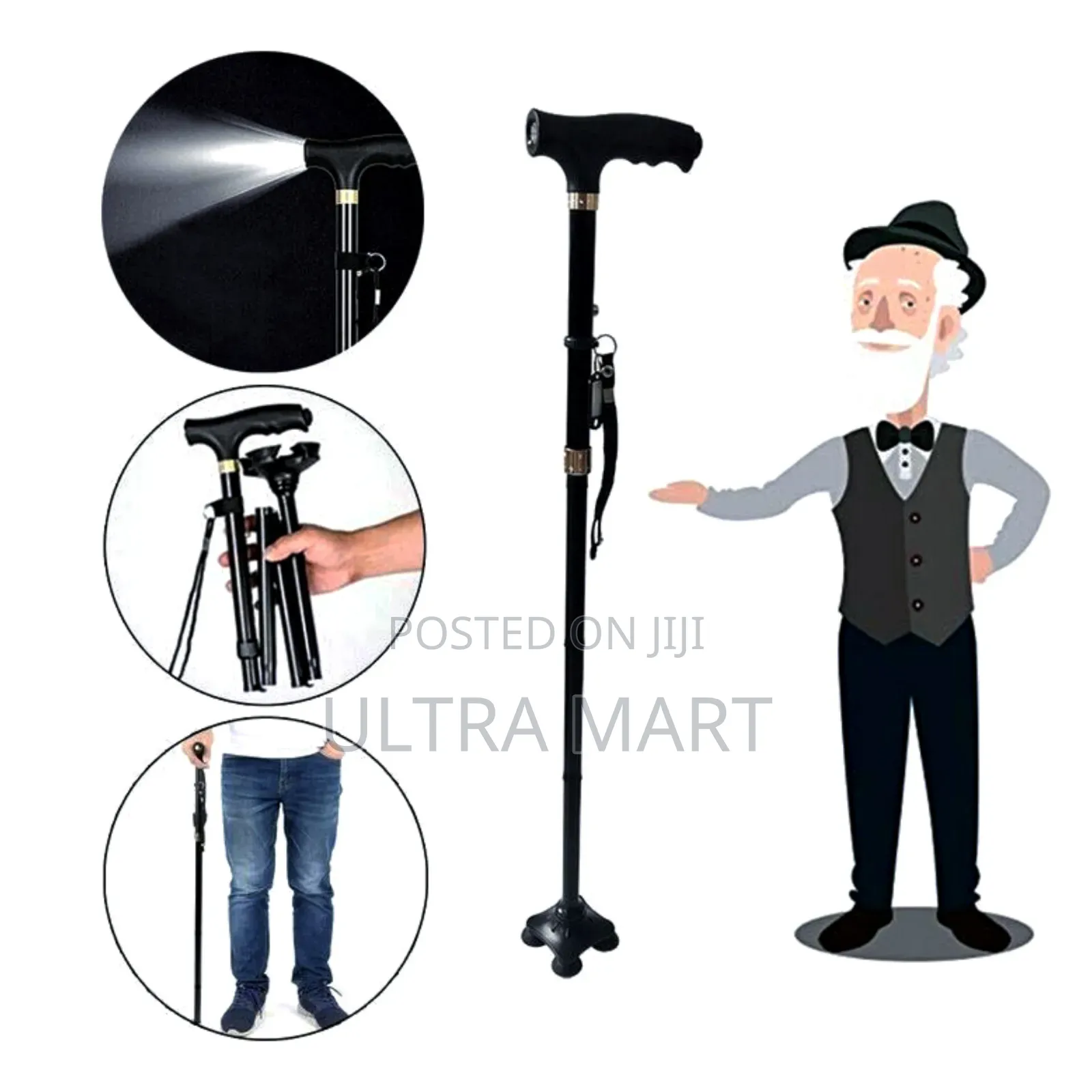 Adjustable Anti-Slip Walking Stick With Led Light