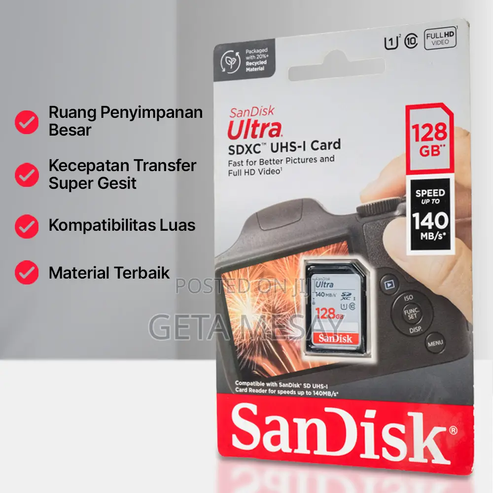 Sandisk Ultra 128gb SDXC Uhs-I Memory Card Up to 140mb/S Class 10 U1