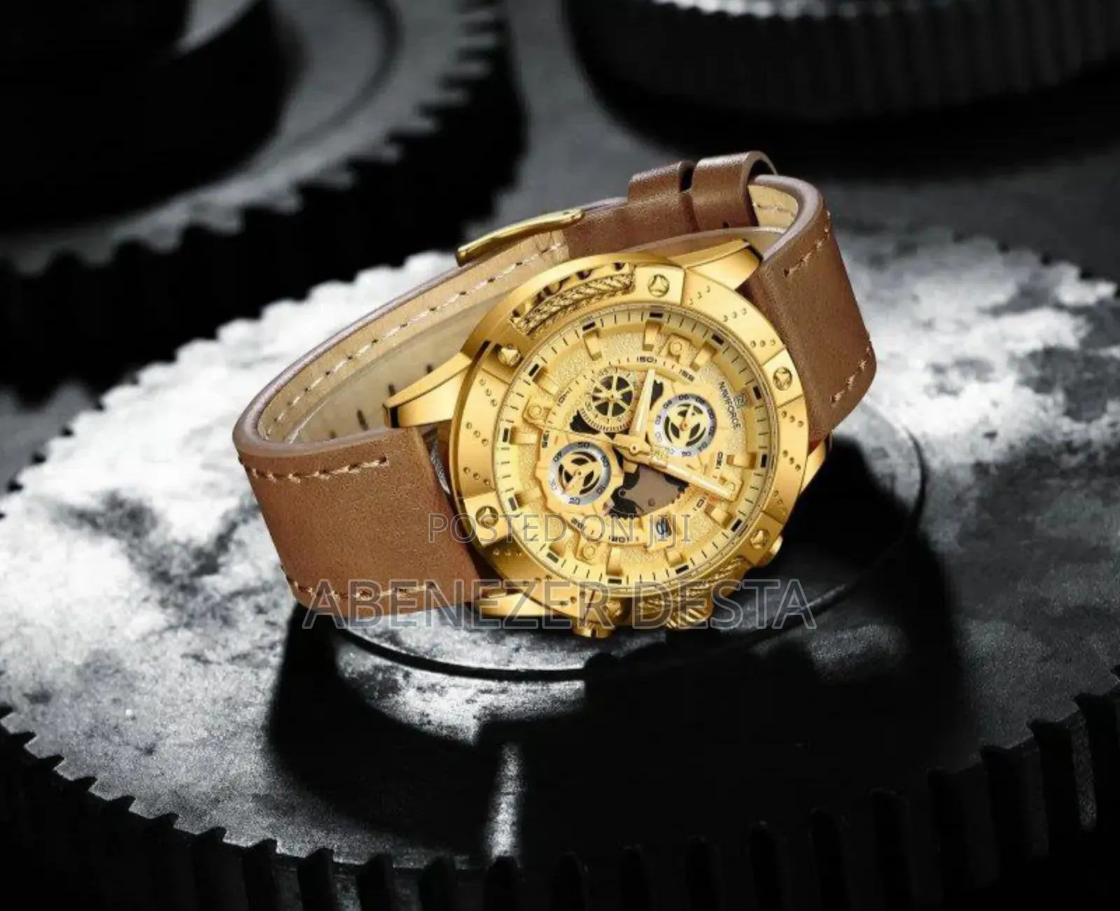 Naviforce Golden Watch Genuine Leather Waterproof Quartz