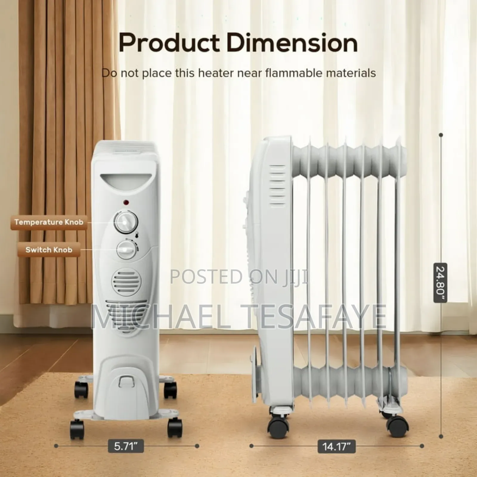 Portable 9 Fin 2000w Electric Oil Filled Radiator Heater