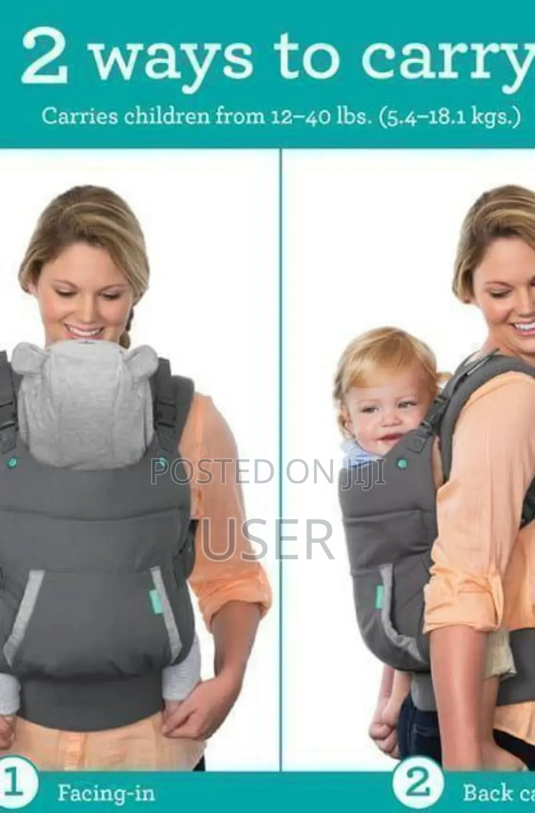 Infantino Baby Carrier (ባለ ኮፍያ) ወደ ፊትም ወደኋላም ለማዘል የሚሆን