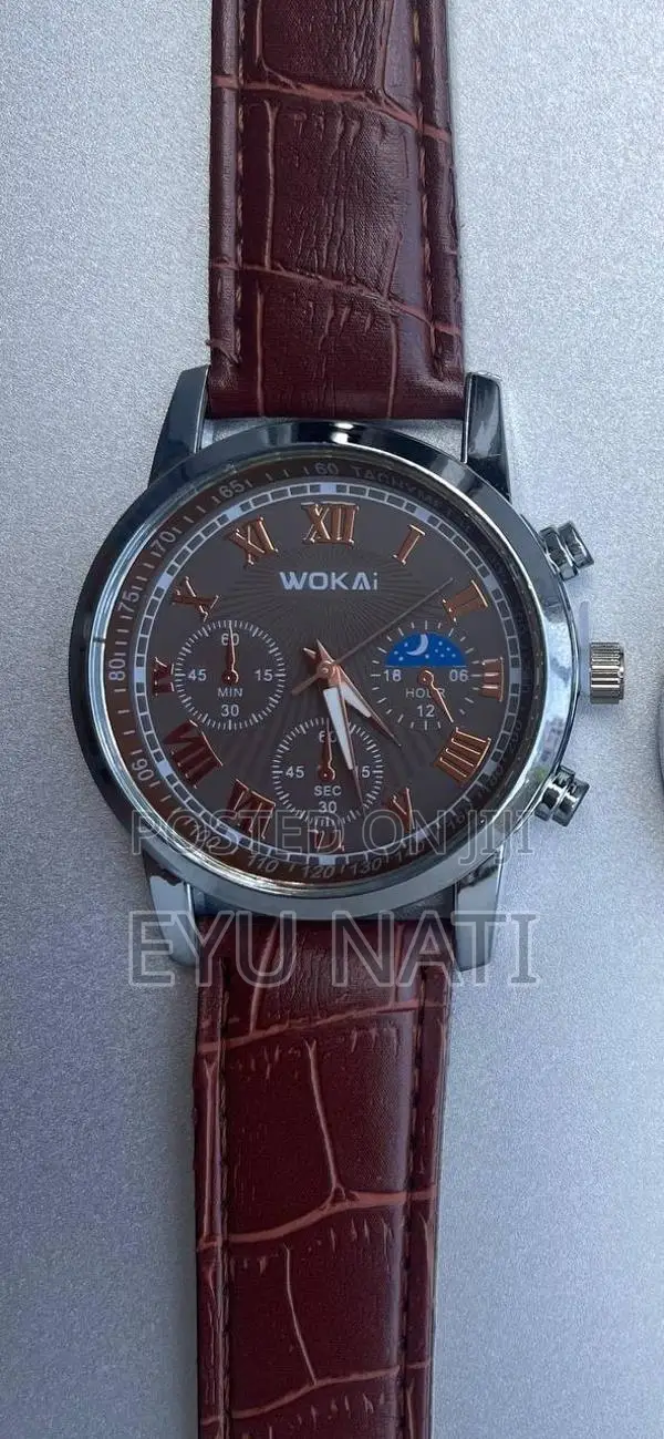 Wokai Analog Men’S Watch With Brown Leather Strap, Roman Num