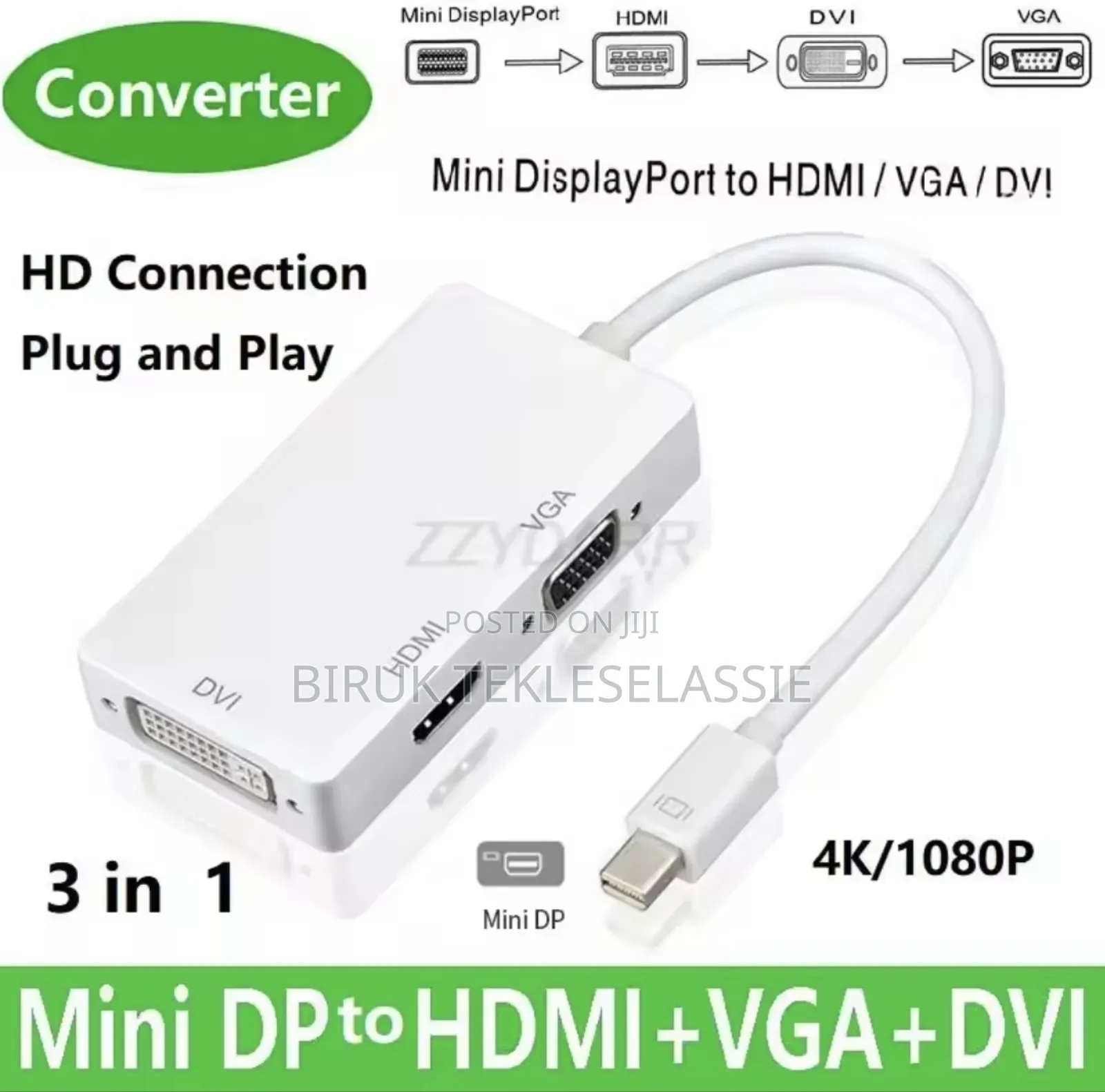 3 in 1 Mini Dp ( Thunderbolt)Male to Dvi ,Hdmi, Vga Adapter