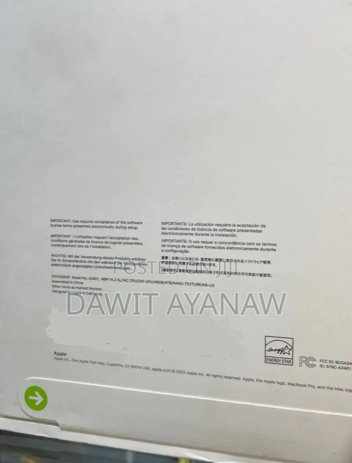 New Laptop Apple MacBook Pro 2024 M4 14-Inch 16GB Apple M4 SSD 1T