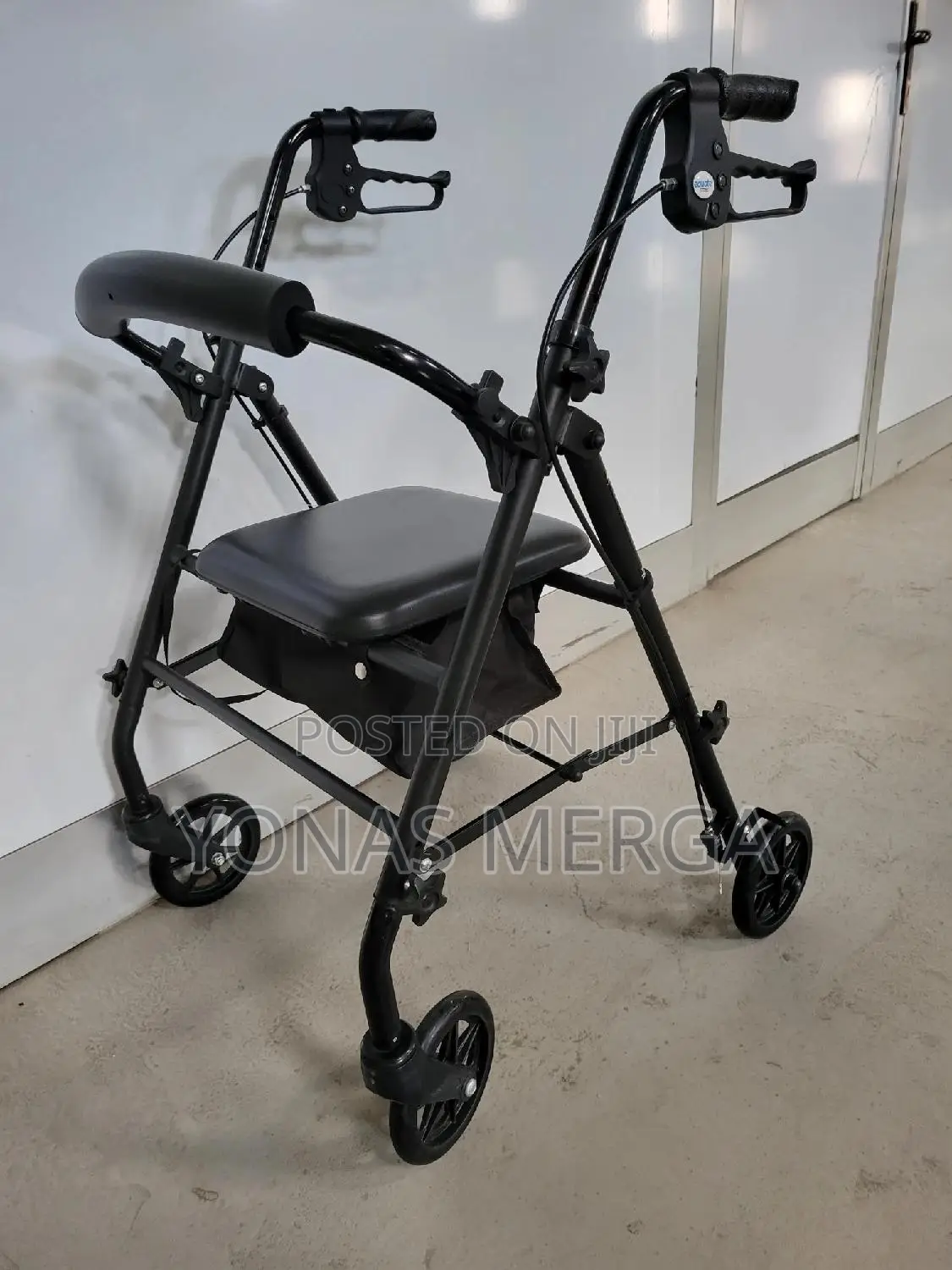 Walker=Four Wheel Rollator With Padded Seat Backrest Black