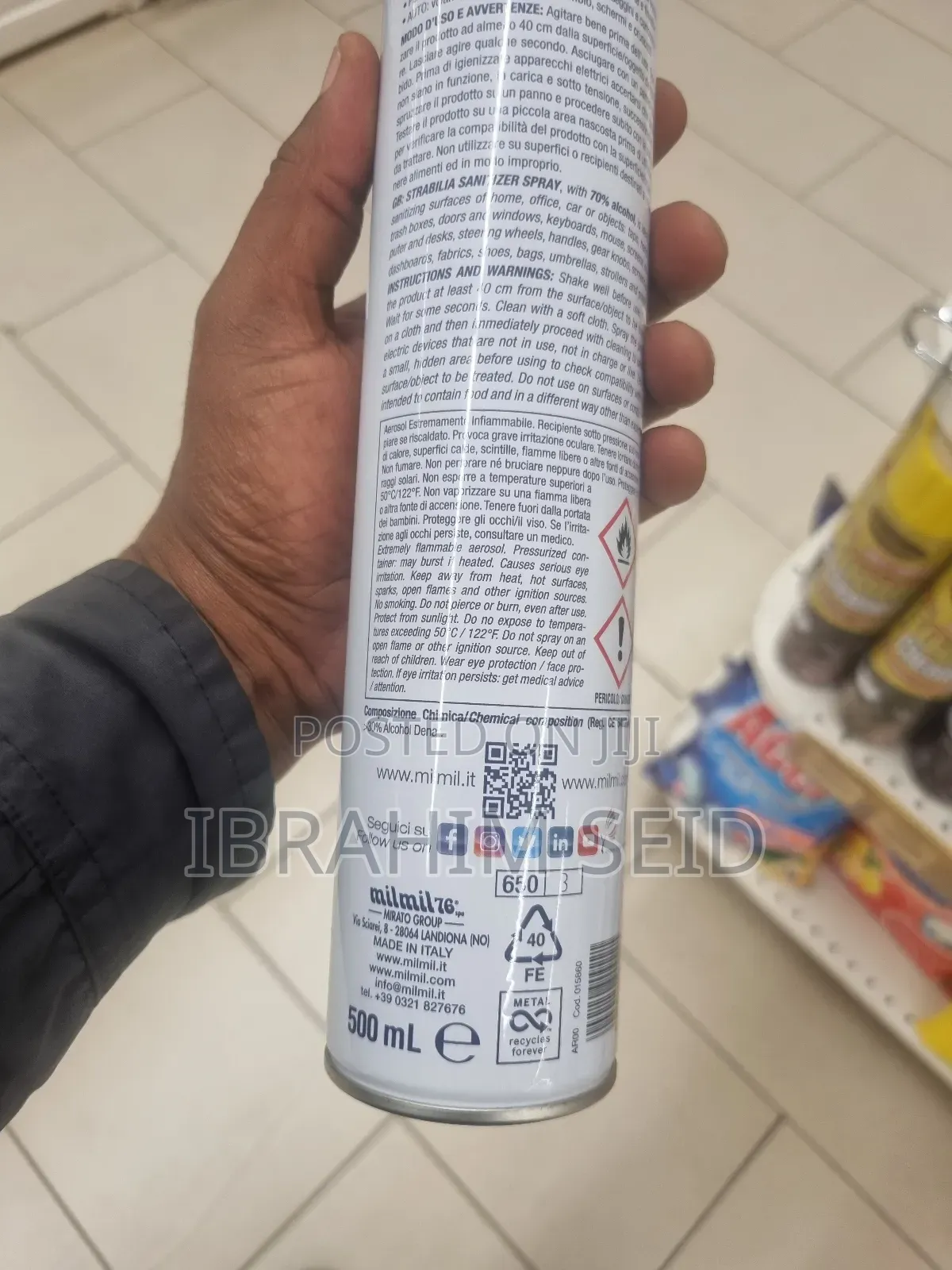 Alcohol-Based Sanitizing Spray 70% Made in Italy