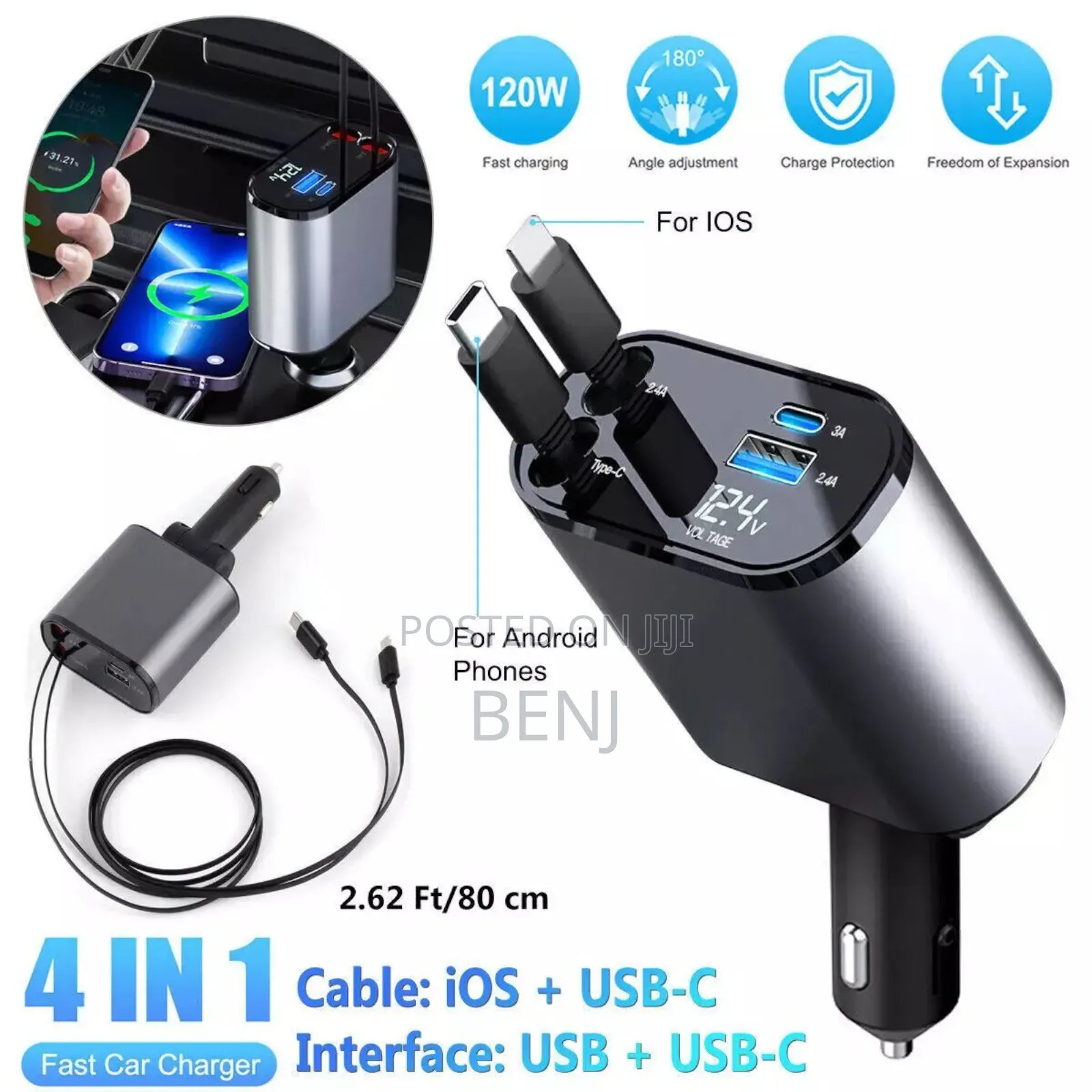 4 in 1 Retractable 120w Fast Car Charger | iPhone | Android