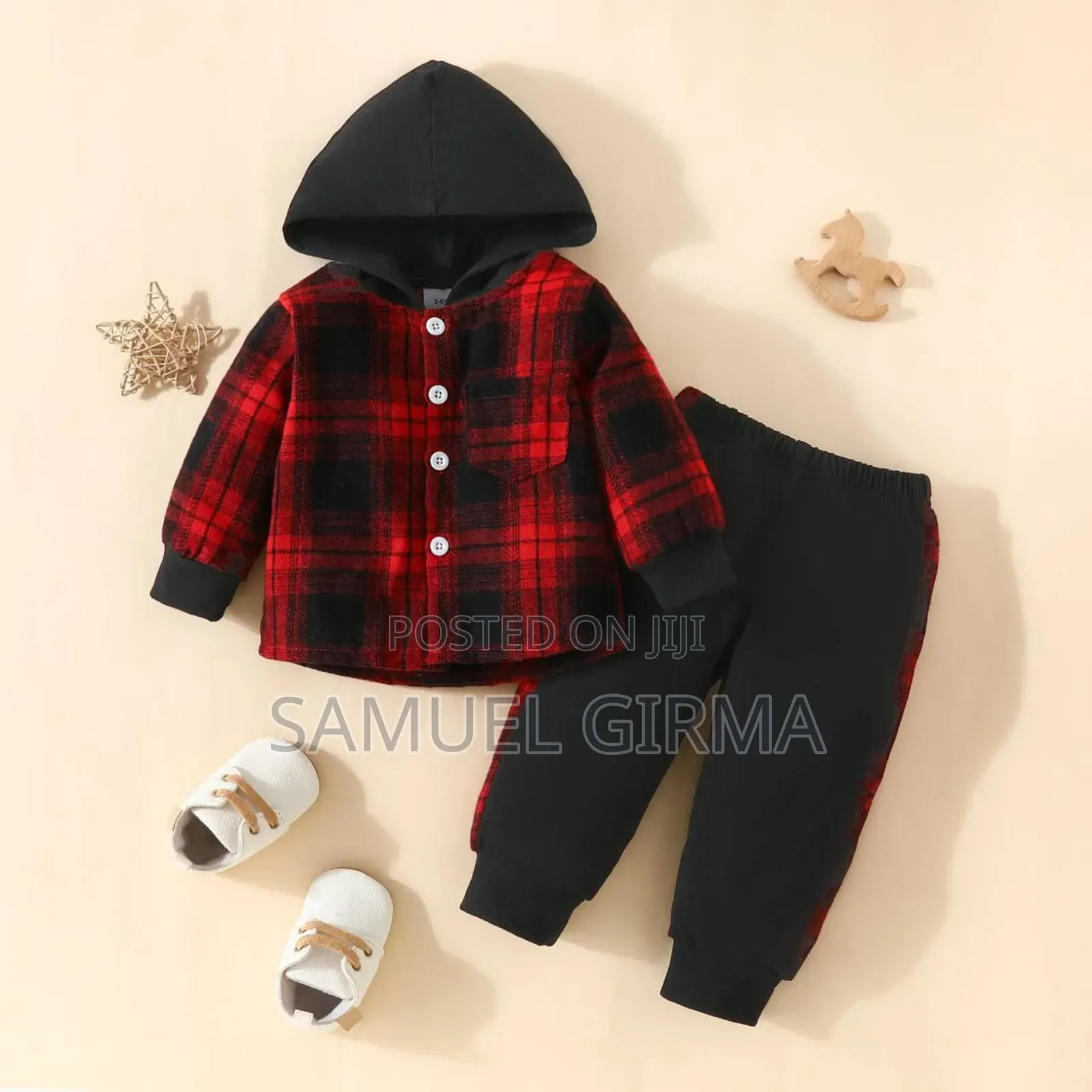 Mk- 0614boy Classic Plaid Hooded Long-Sleeved Shirt Pant Set 6month-3