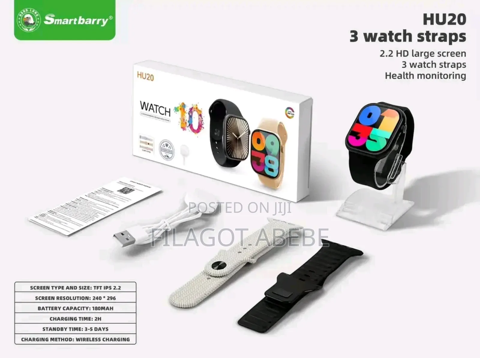 Hu20 Watch 10 Smart Wach With 3 Straps 2025 Edition