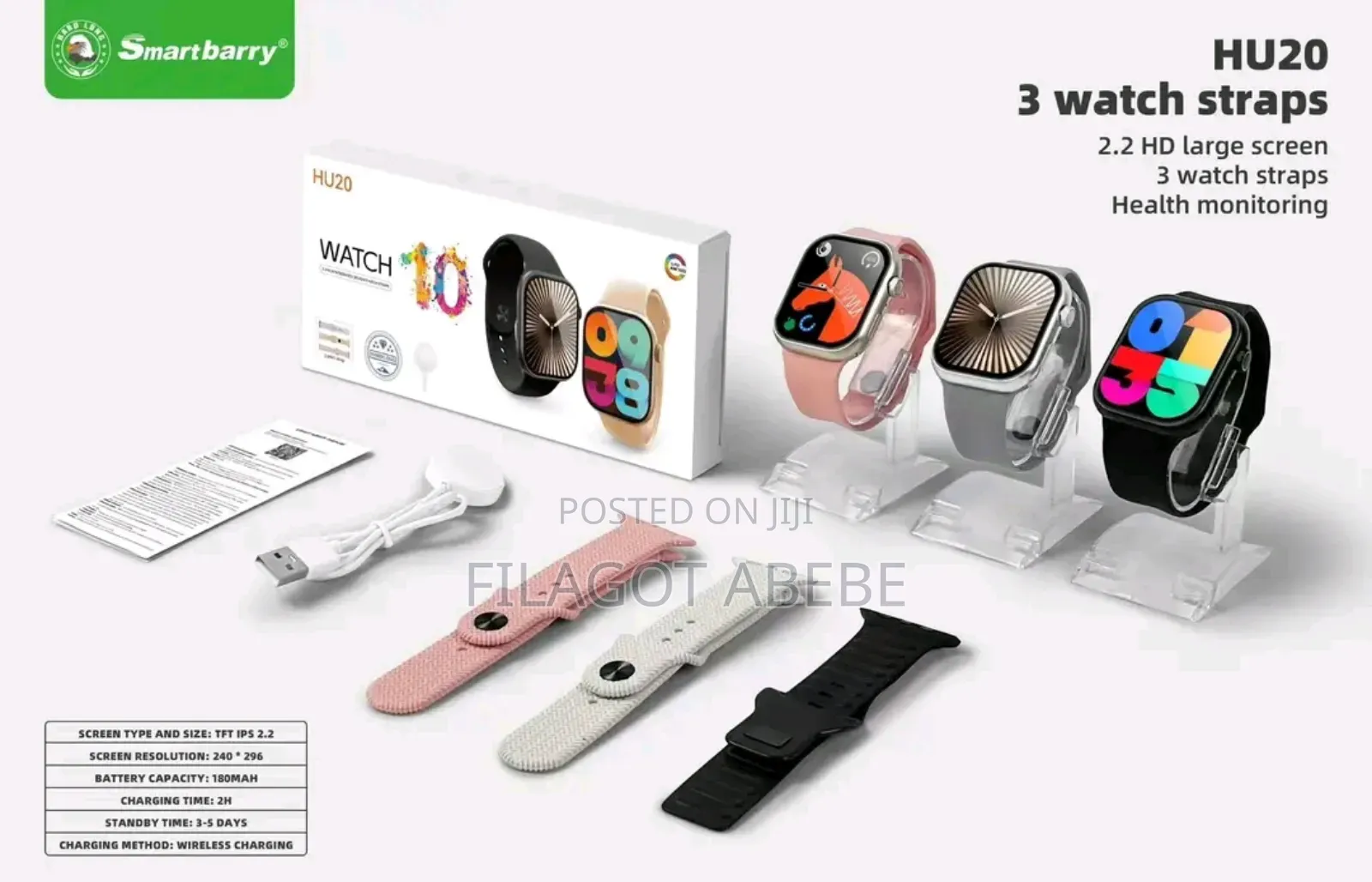 Hu20 Watch 10 Smart Wach With 3 Straps 2025 Edition