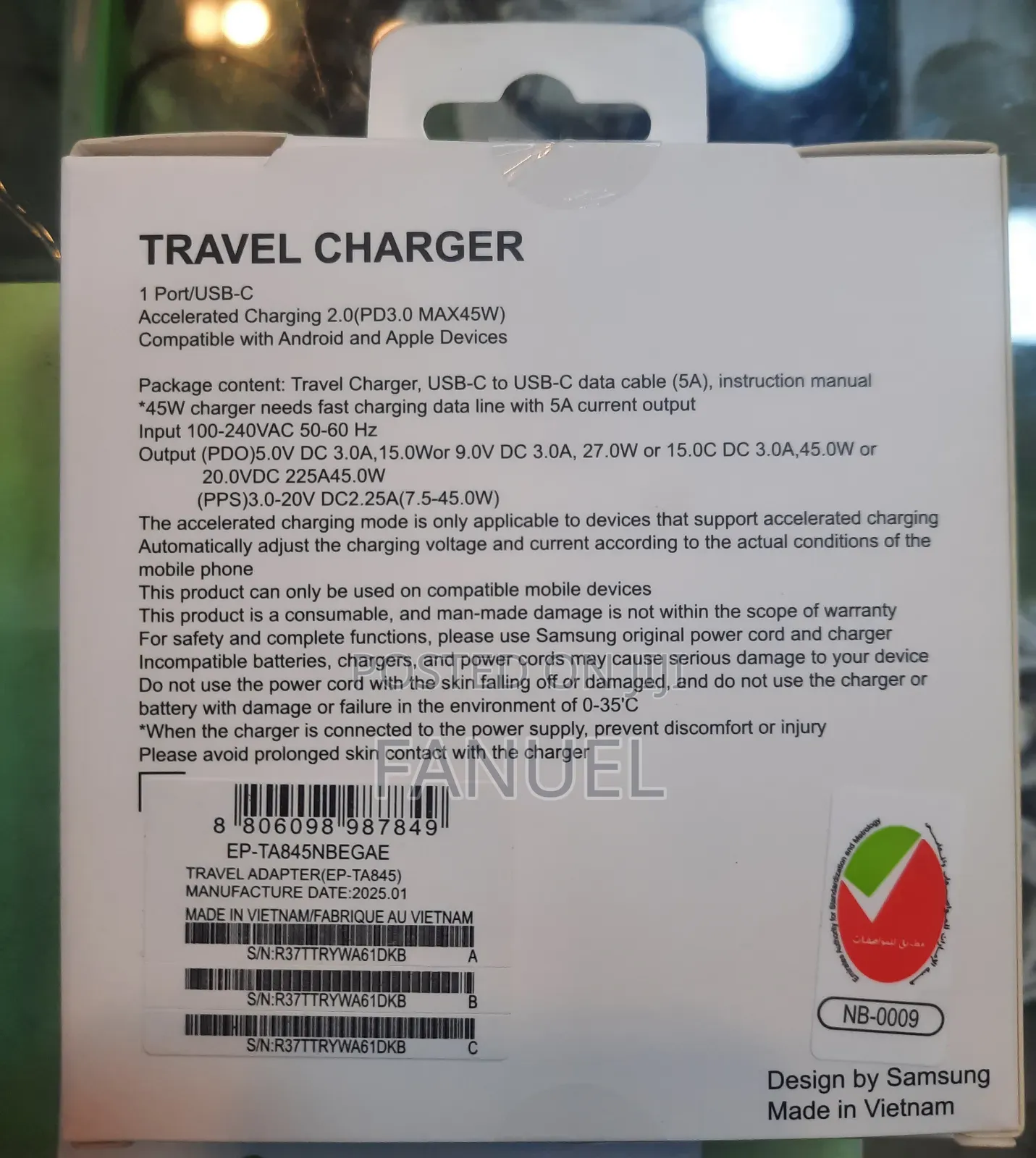 Samsung 45w Pd Adapter With Usb-C to Usb-C Cable (5a)