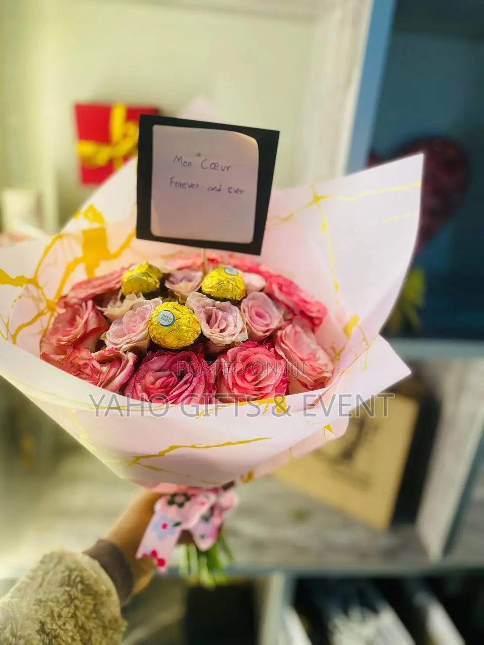 Pink Flower Gift With Chocolate
