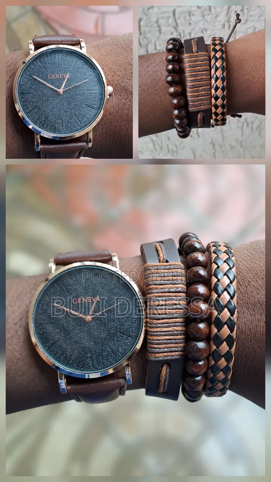 Men Watch Luxury Bracelet Set Fashion Brown Leather Bracelets